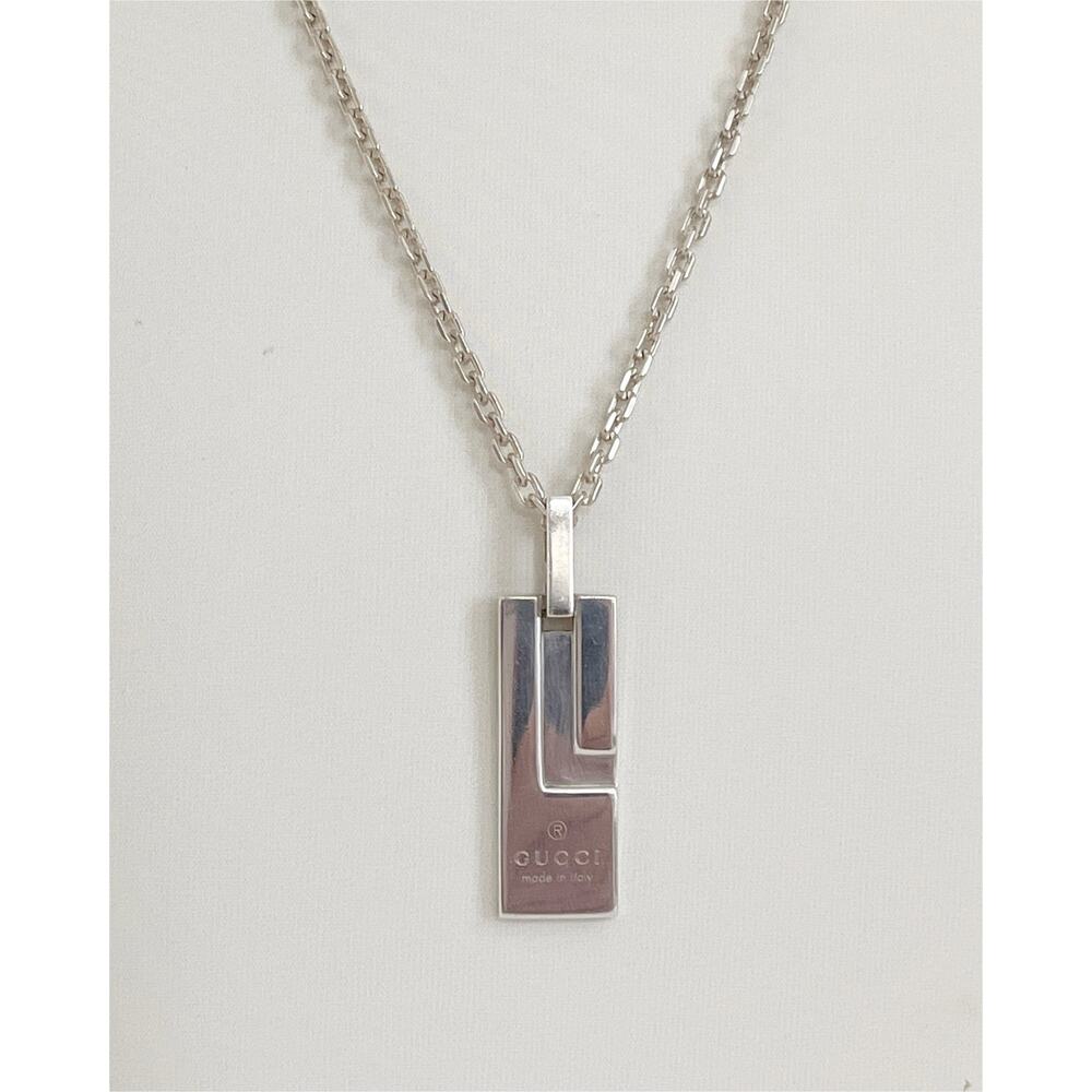 GUCCI Trademark Pendant Necklace Mark Plate Rectangle 925 Sterling Silver 17”